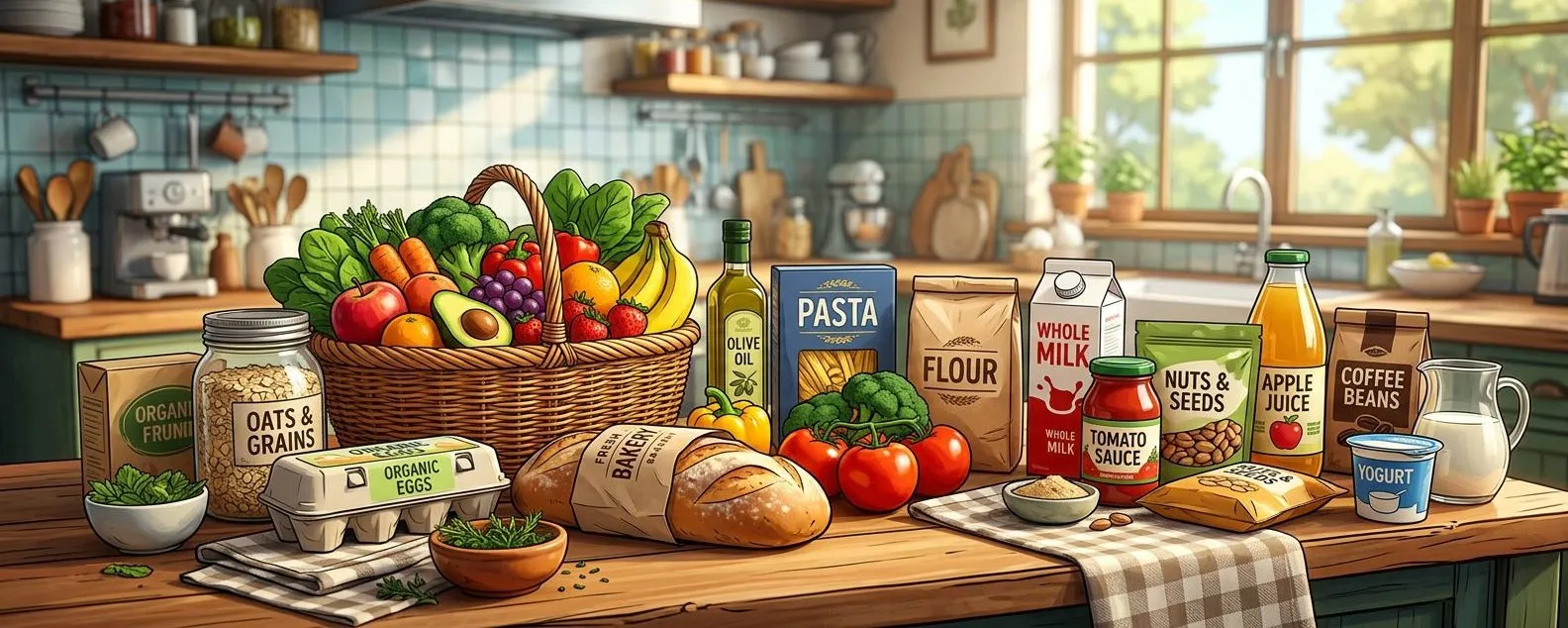 Illustrated kitchen counter with a basket of produce, pantry staples, and groceries