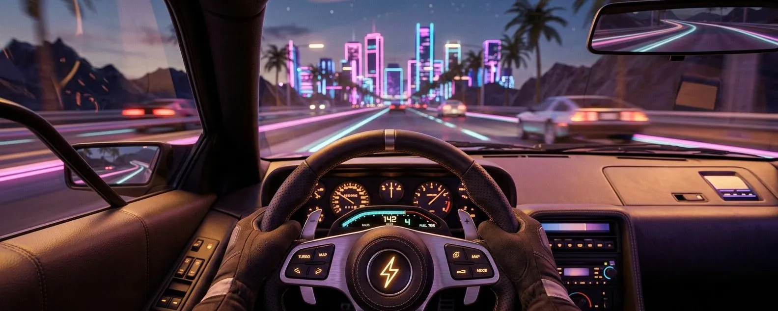 First-person view from a car driving toward a neon-lit city at night