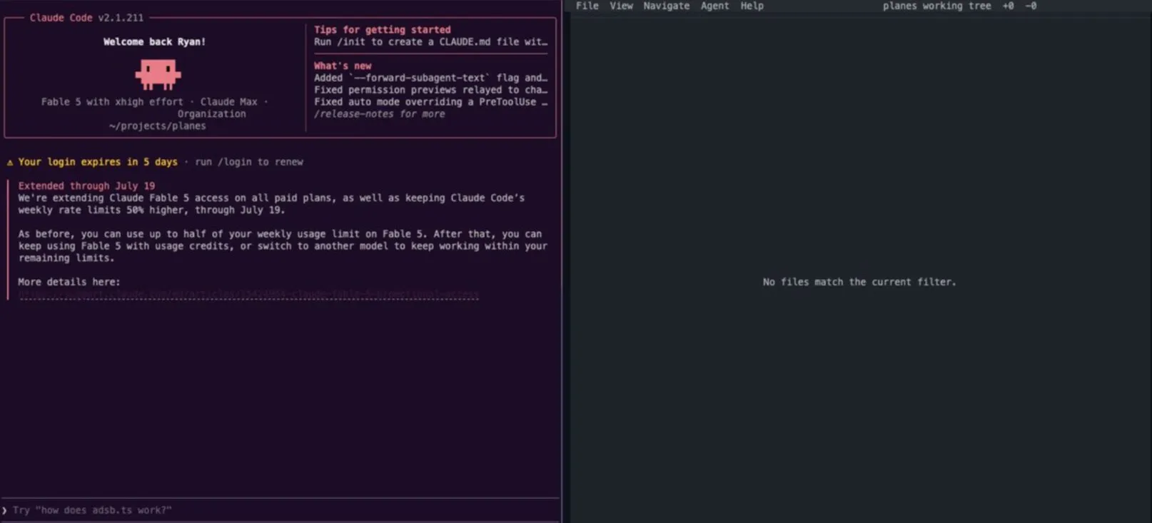 Split view with Claude Code on the left and an empty Hunk pane on the right