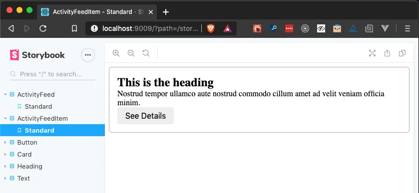 Storybook view of component