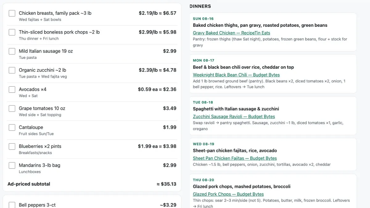 HTML shopping list with ad prices next to a week of dinners with cited recipes